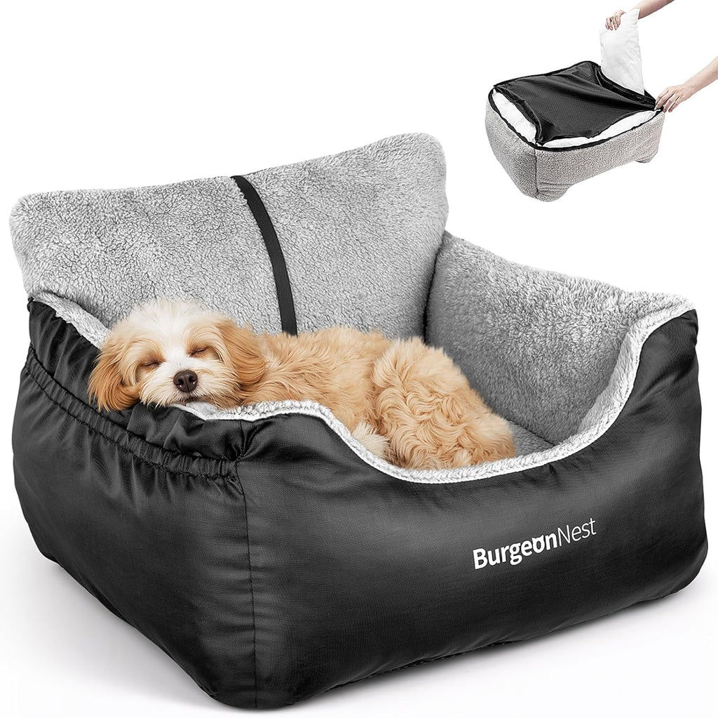 Dog Car Seat for Small Dogs, Soft Pet Car Travel Home Bed under 25 Lbs, Fully Detachable and Washable Cat Booster Carseats with Storage Pockets and Clip-On Leash Portable Carrier,Black